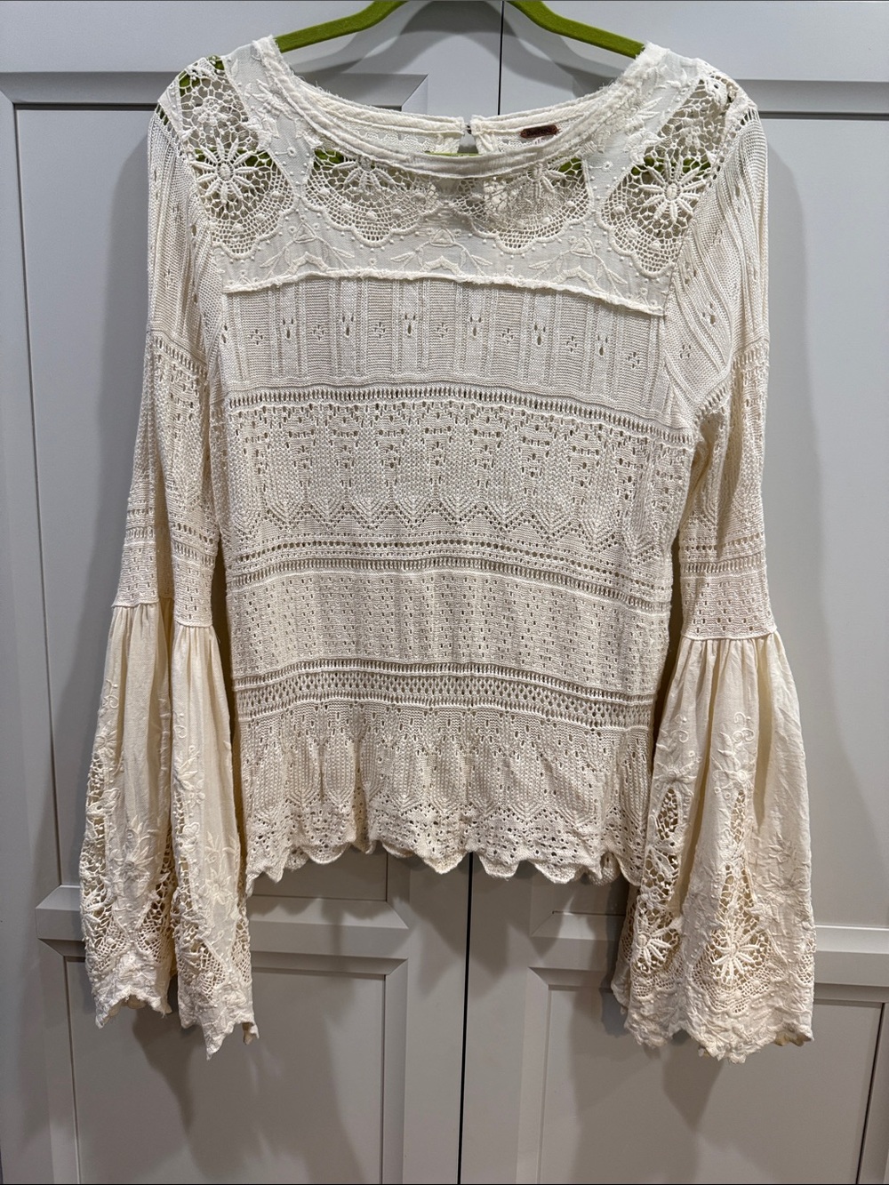 Free People Once Upon A Time Lace Knit Bell Sleeve Boho Top Ivory Size Large
